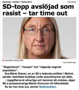Eva-Marie Olsson, ledande SD-politiker i Malmö, har ett rikt ordförråd när det gäller att nedvärdera människor med annan hudfärg än vit. 